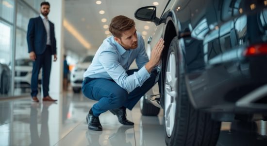 Profissional-da -loja-de-veiculos-avaliando-o-carro-do-cliente